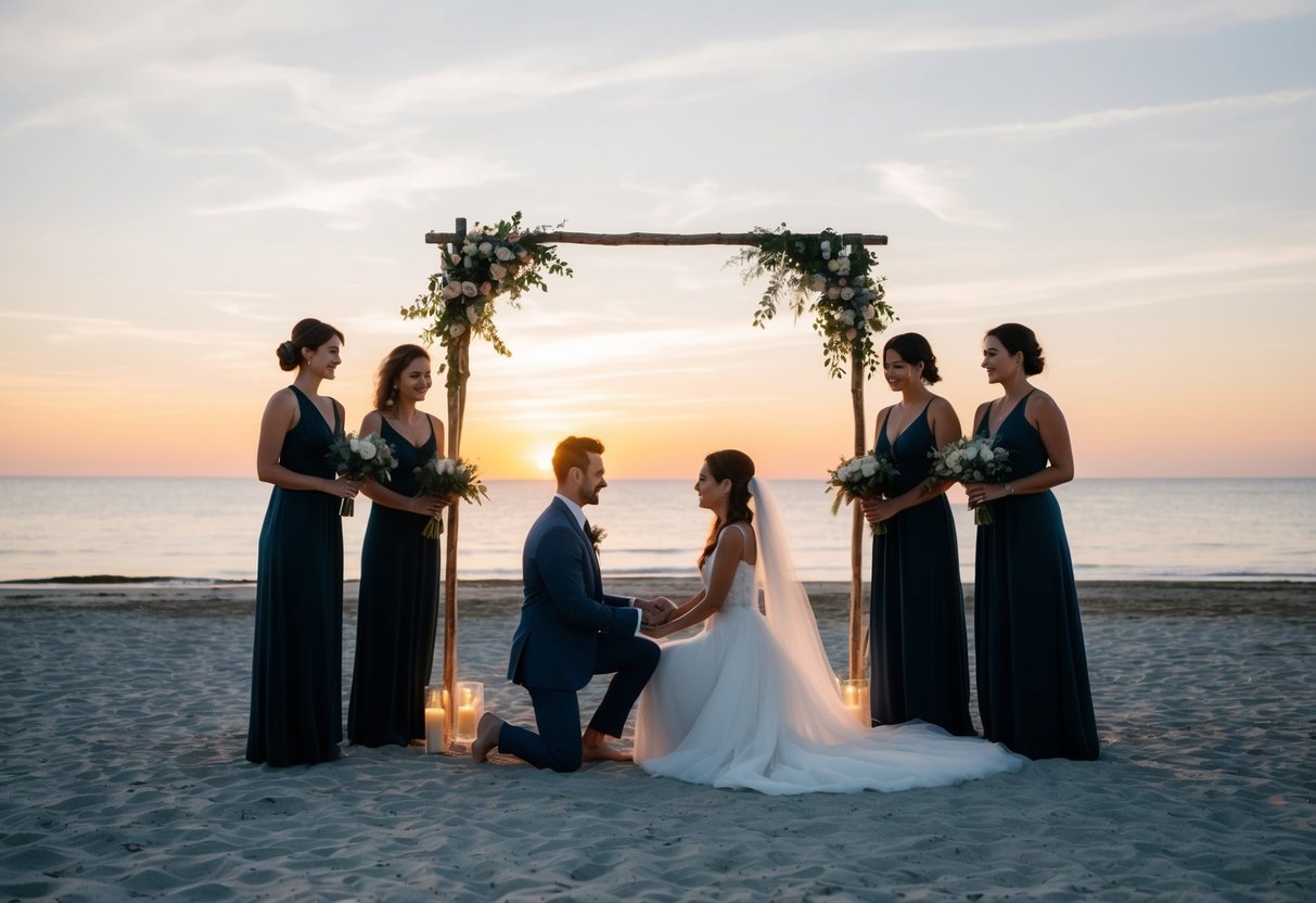 A couple sitting on a quiet beach at sunset, surrounded by a small group of loved ones, exchanging vows under a simple archway