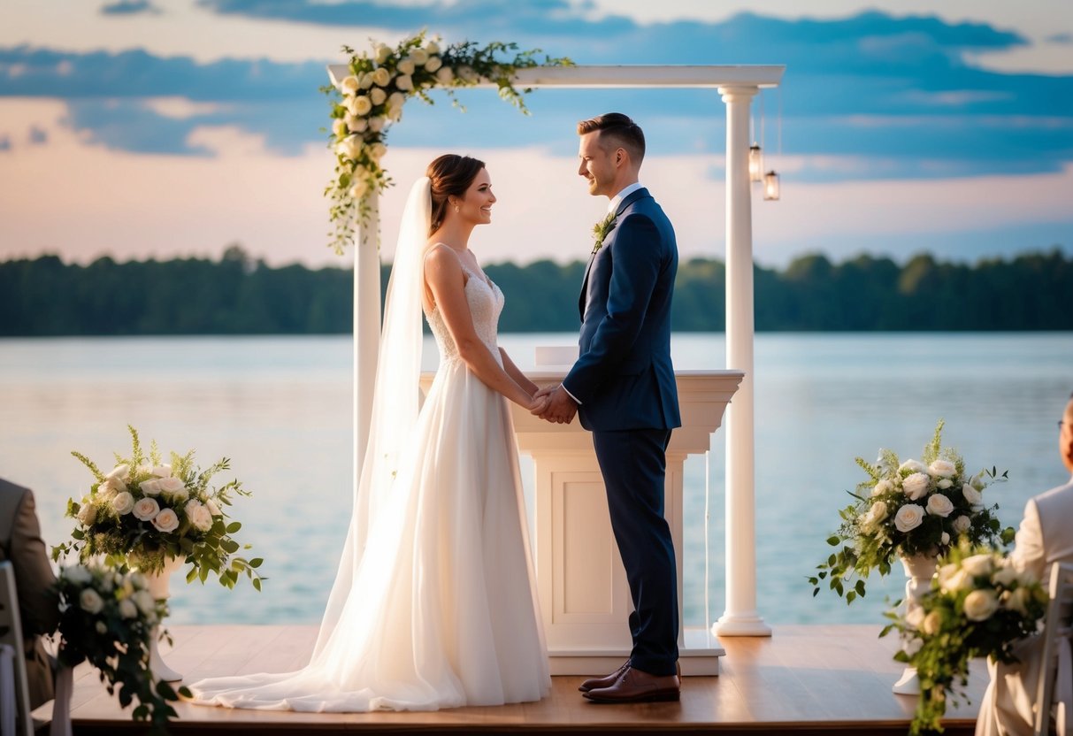 A couple standing at an altar, facing each other, with a serene and romantic backdrop