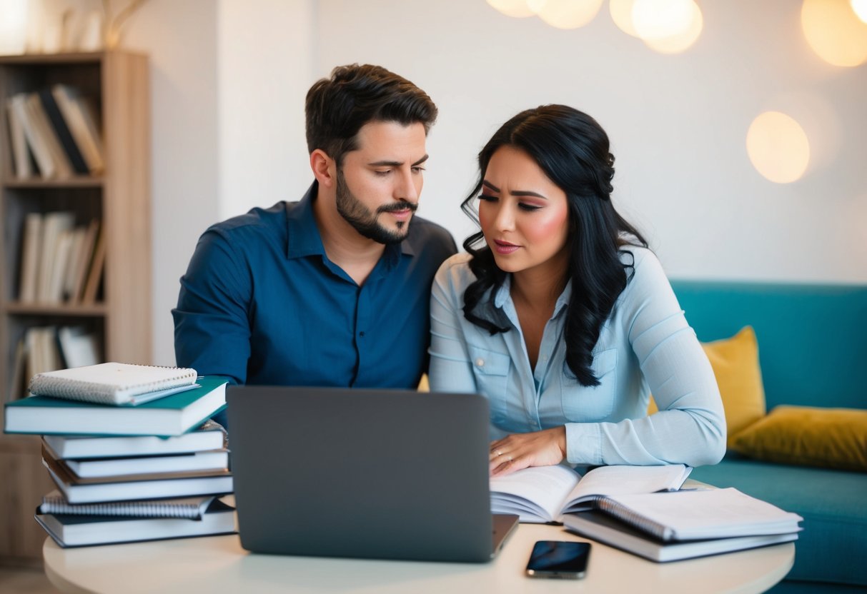 A couple sits at a small table, surrounded by wedding planning books and a laptop. They are deep in conversation, looking stressed but determined