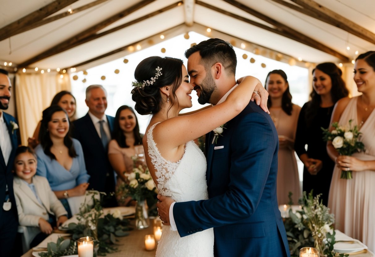 A couple embraces in a small, intimate setting, surrounded by close friends and family, with simple decorations and a warm, joyful atmosphere