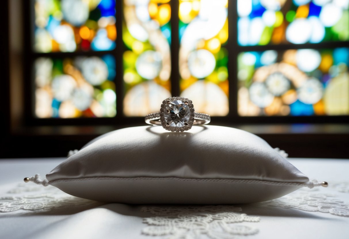 A sparkling engagement ring rests on a lace pillow atop a white satin altar cloth. Sunlight streams through stained glass, casting colorful reflections on the polished surface
