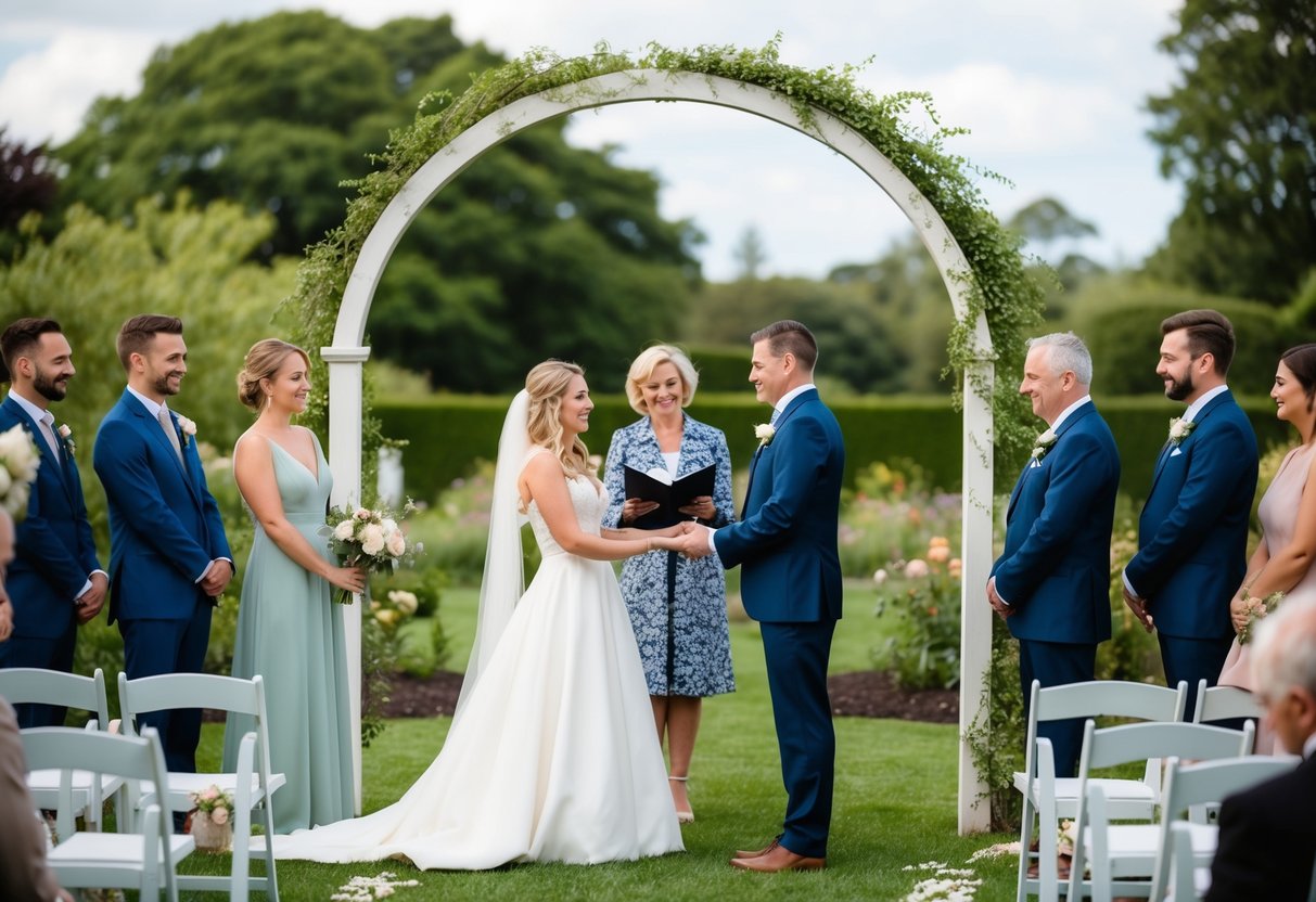 A couple stands under a simple archway in a garden, exchanging vows as a small group of loved ones looks on