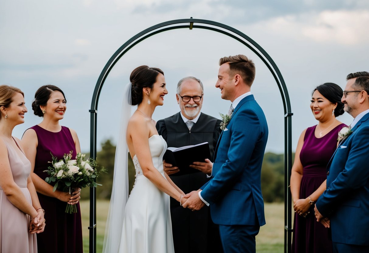 A couple stands beneath a simple archway, surrounded by a few close friends. An officiant speaks a few brief, heartfelt words, sealing their union with a kiss