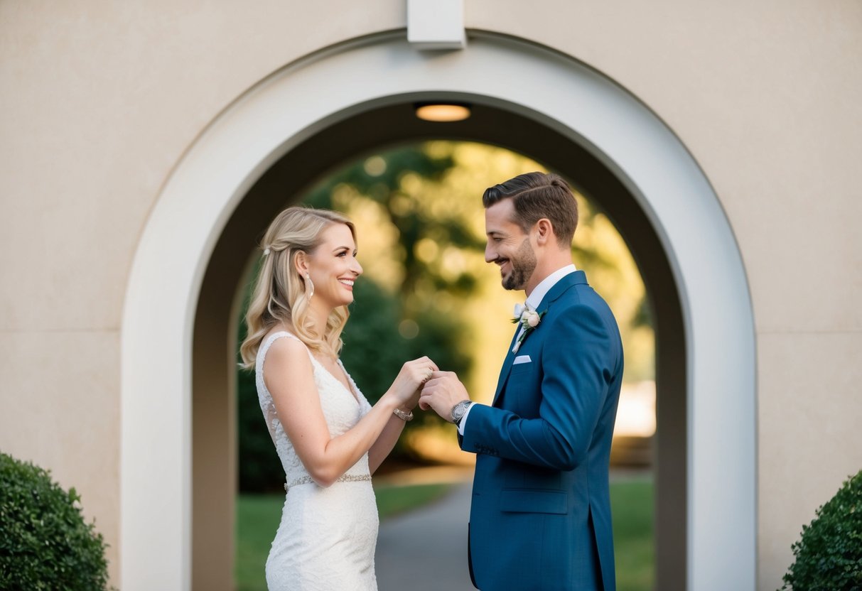 A couple standing under a simple archway exchanging rings