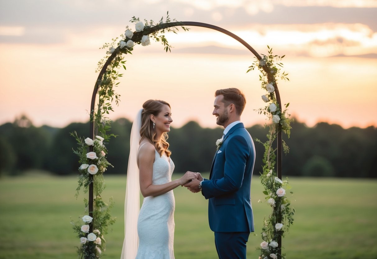 A couple standing under a simple arch exchanging vows