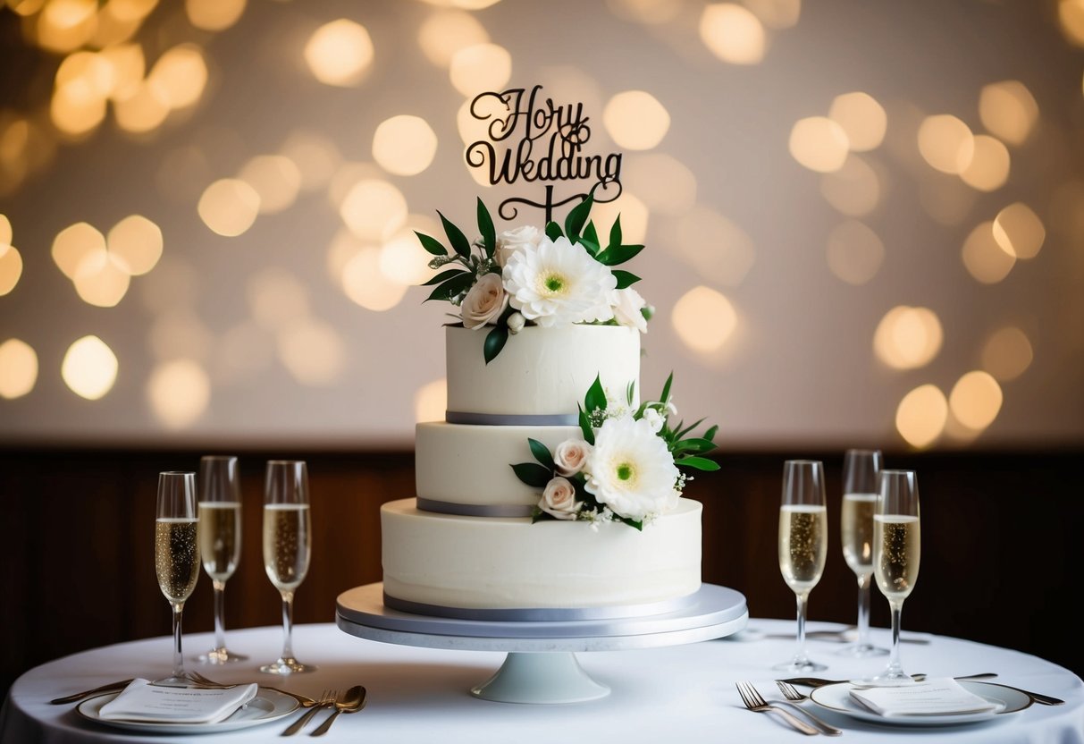 A wedding cake with two tiers, adorned with flowers and a topper, sits on a table with elegant place settings and champagne flutes