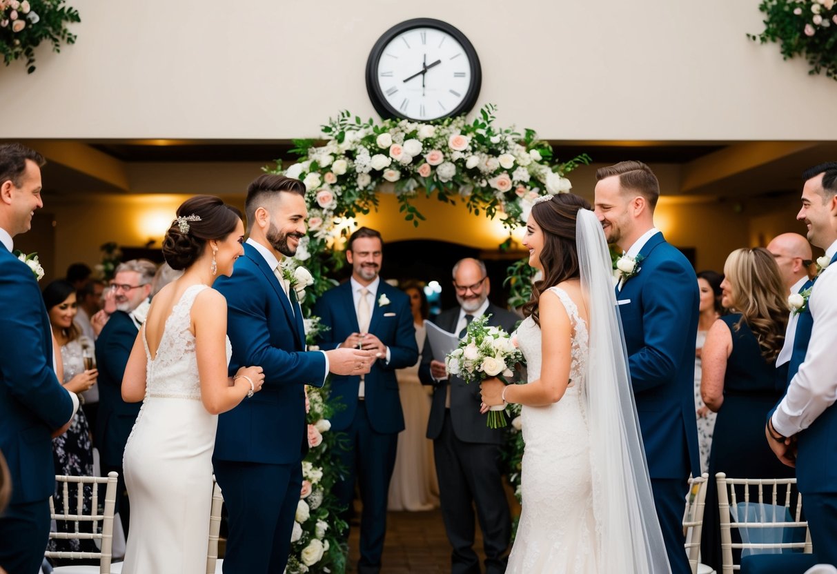 A wedding ceremony and reception with a clock showing 4 hours, guests mingling, and the couple exchanging vows under a floral arch