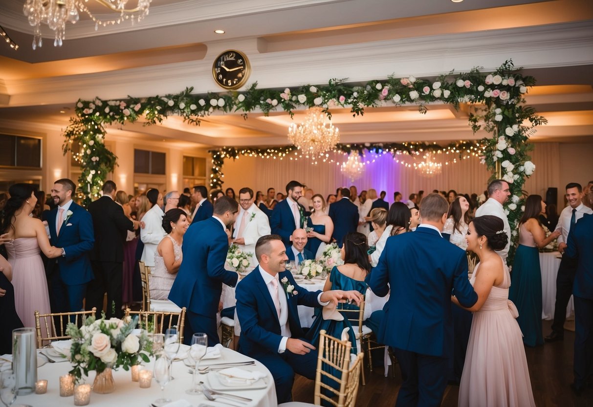 A bustling wedding reception with guests mingling, dining, and dancing under twinkling lights and floral decorations. The clock on the wall shows only 4 hours remaining