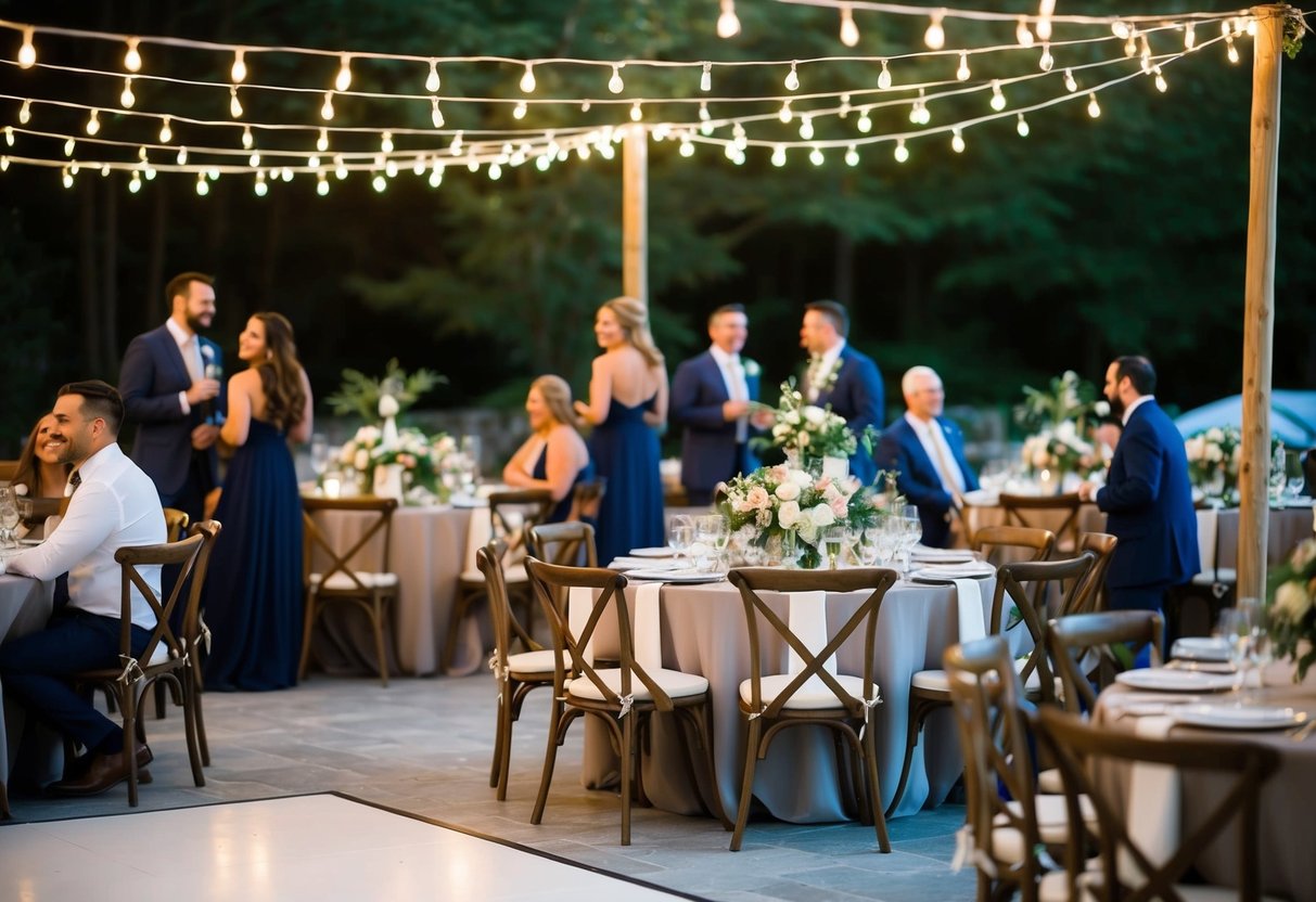 A cozy outdoor wedding reception with string lights, floral centerpieces, and a small dance floor. Tables are set with elegant place settings and guests mingle and laugh