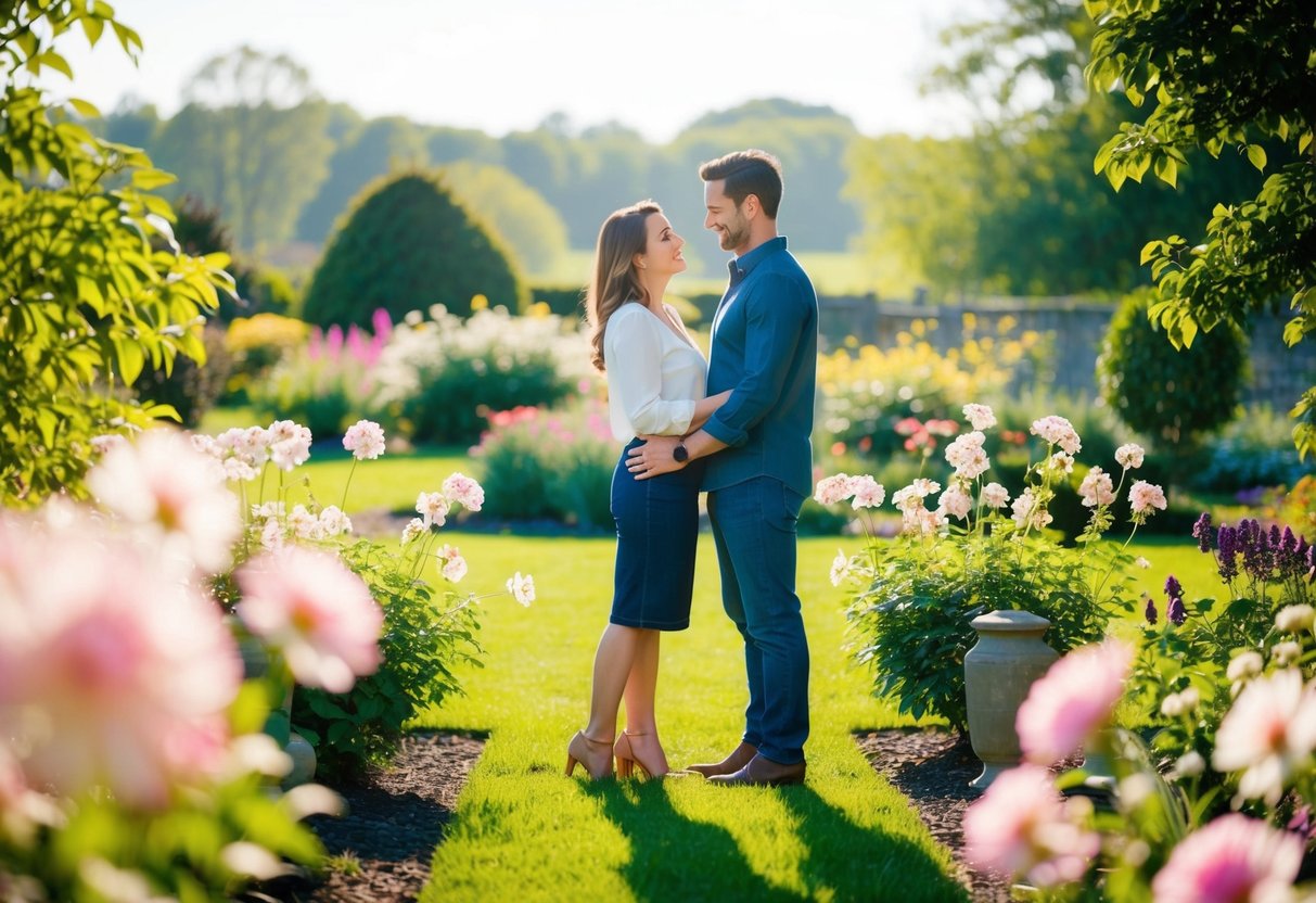A couple standing in a sunlit garden surrounded by blooming flowers and a serene landscape