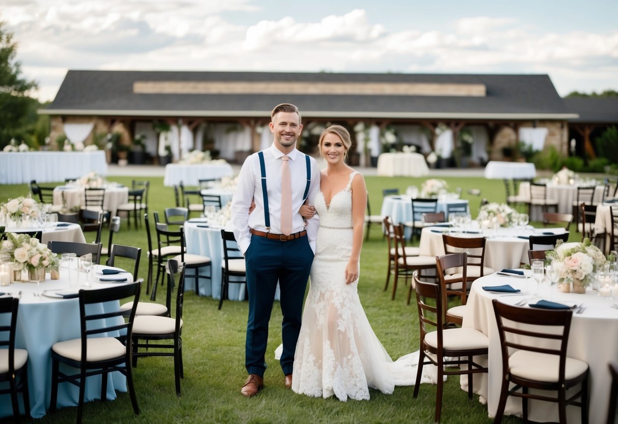 A couple stands surrounded by various sizes of tables and chairs, with a wedding venue in the background