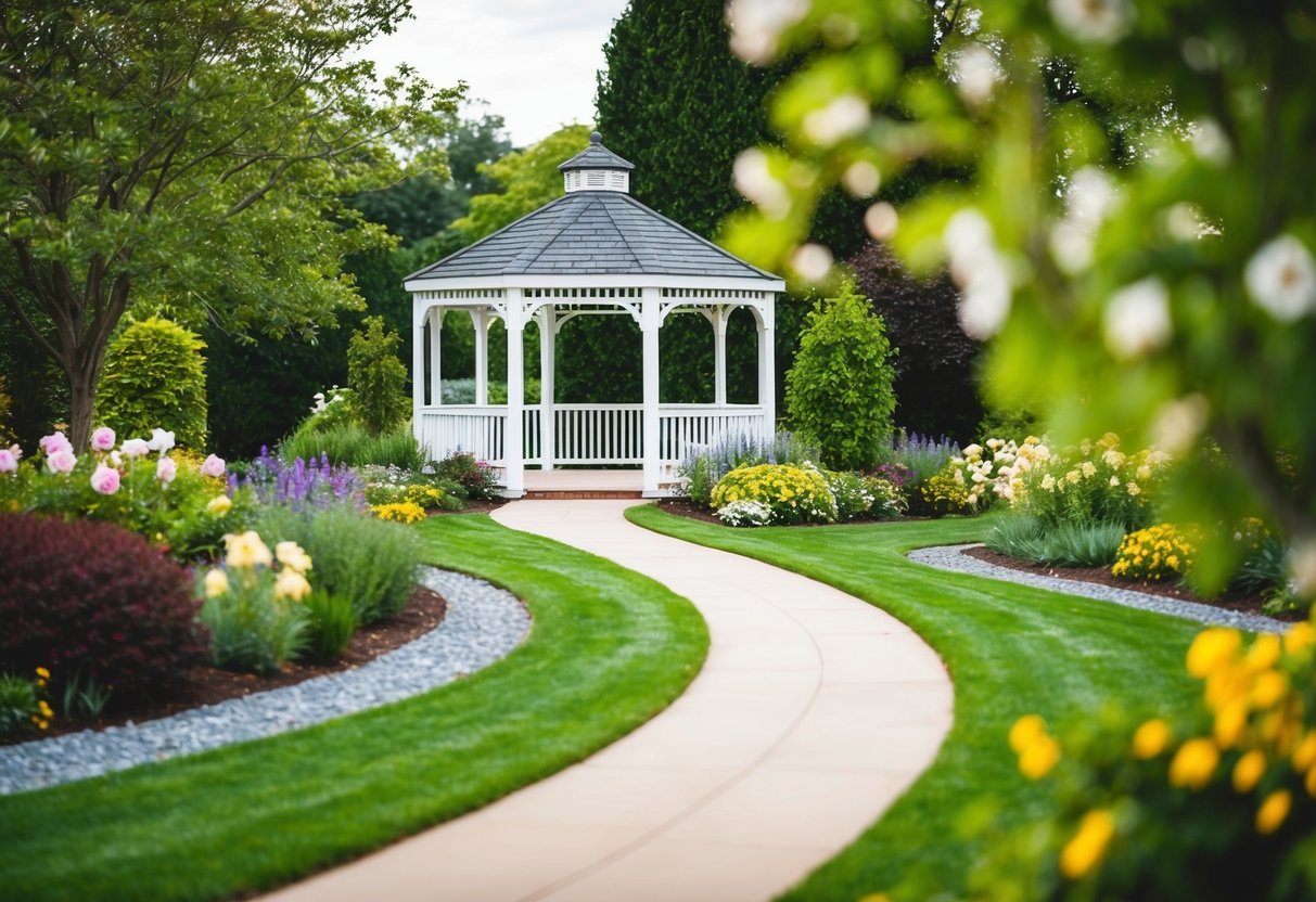 A picturesque garden wedding with a gazebo, blooming flowers, and a winding path
