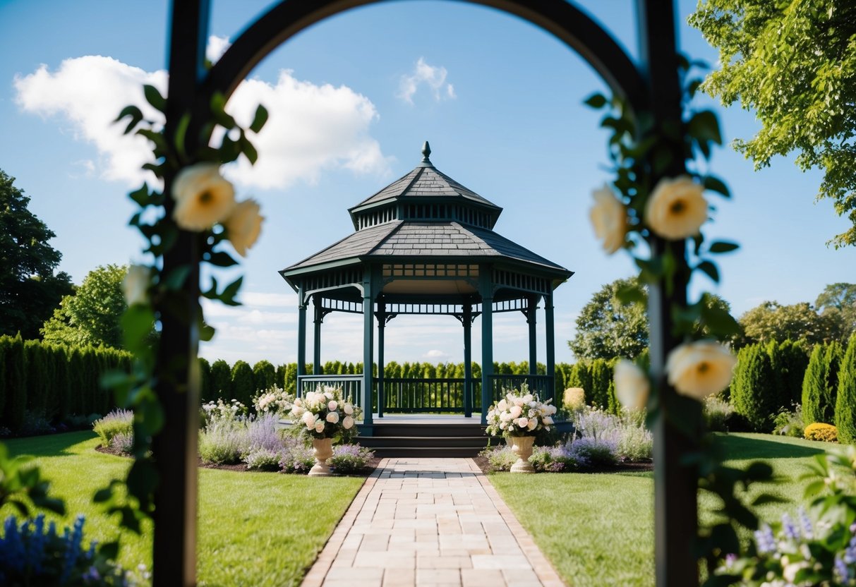 A serene garden setting with a gazebo adorned with flowers, surrounded by lush greenery and a clear blue sky, suggesting a peaceful and intimate vow renewal ceremony