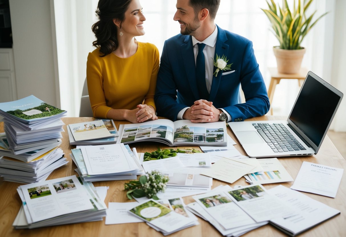 A couple sits at a table covered in wedding magazines and notes, surrounded by a pile of invitation samples and a laptop open to a guest list spreadsheet