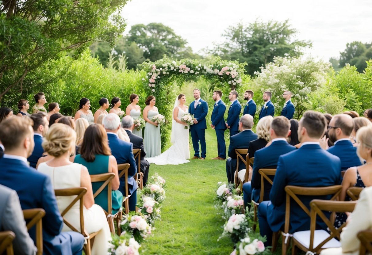 A serene outdoor wedding ceremony with a small gathering of guests seated on wooden chairs, surrounded by lush greenery and blooming flowers