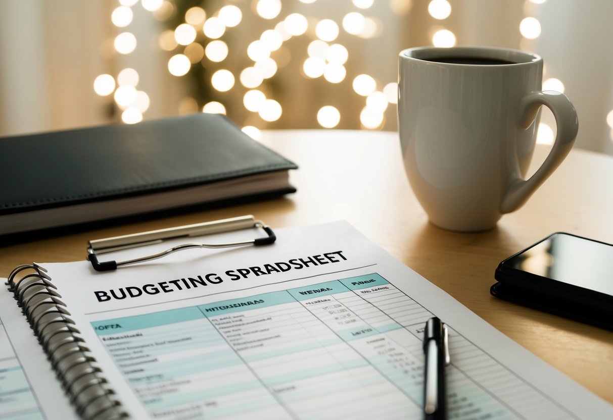 A table with a budgeting spreadsheet and a checklist for a vow renewal