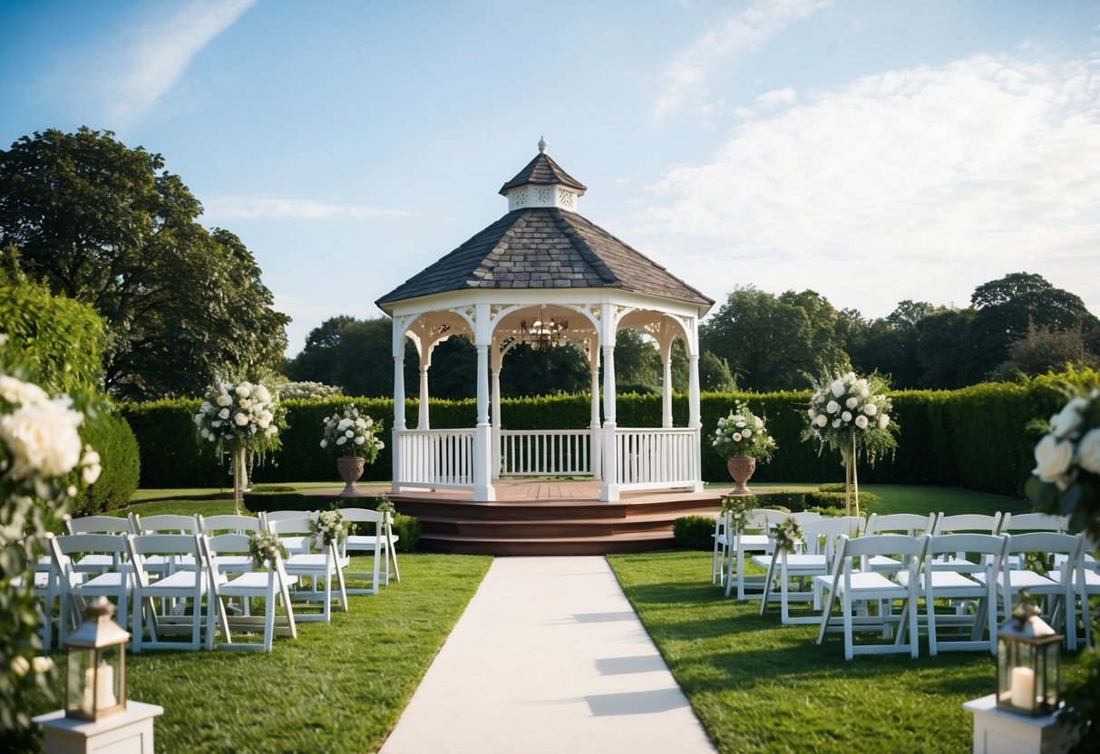 A picturesque outdoor garden wedding with a spacious seating area and a charming gazebo for the ceremony
