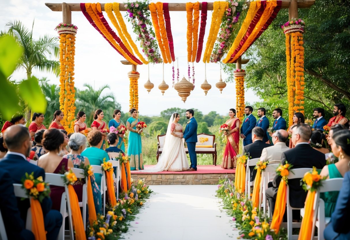 A beautiful outdoor wedding with cultural decorations and personal touches, surrounded by nature and vibrant colors