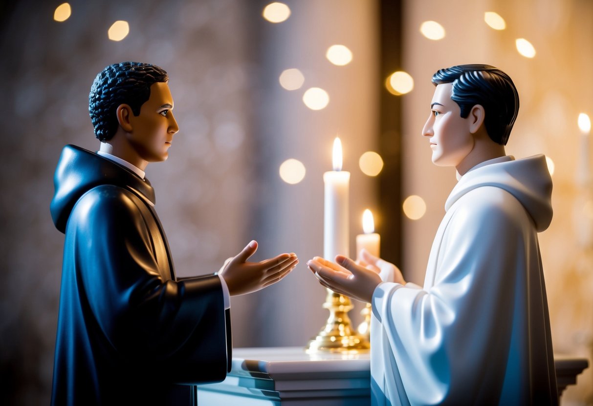 A figure standing at an altar with a solemn expression, facing another figure, as if speaking solemnly