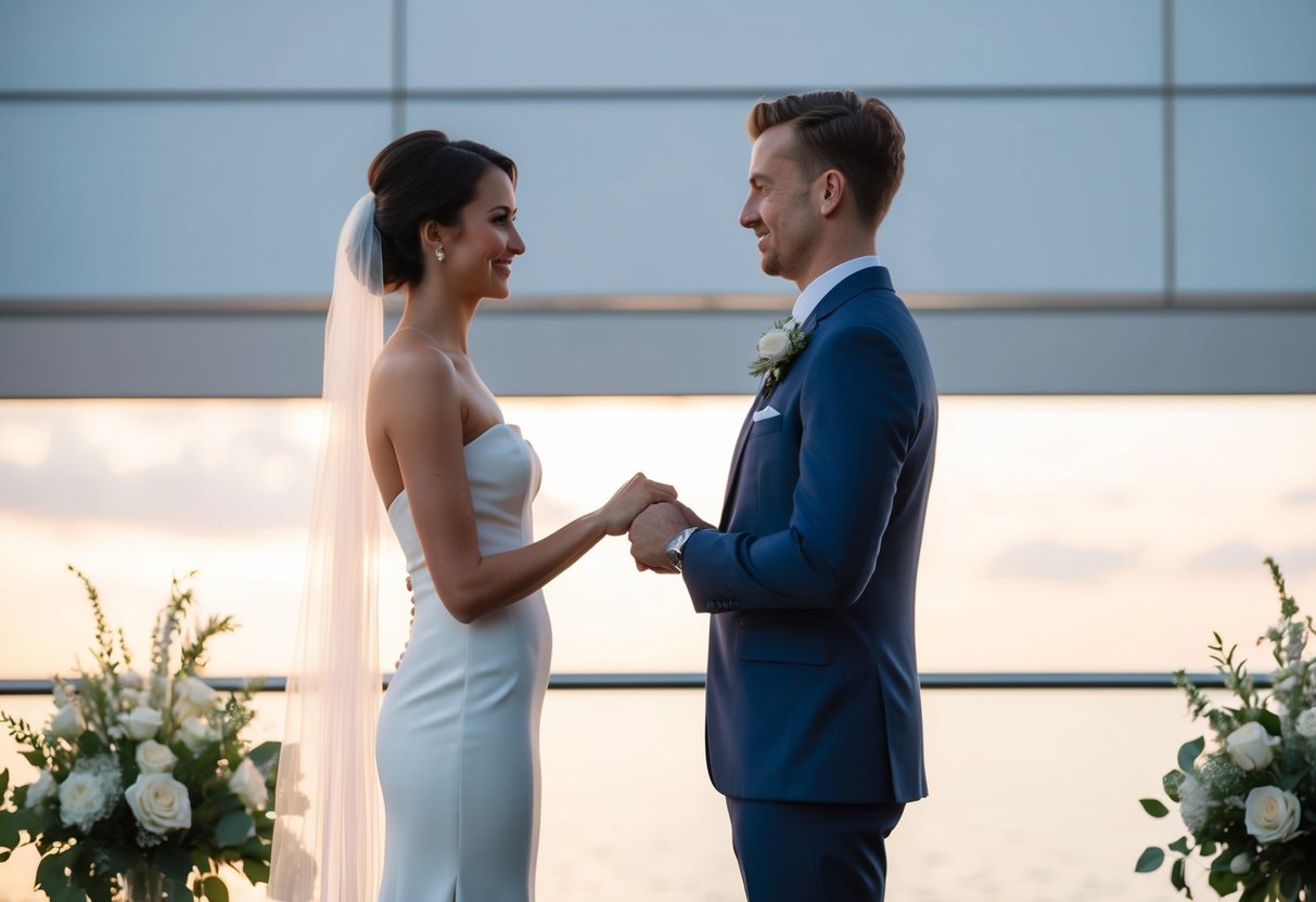 A man and woman stand facing each other, exchanging wedding vows. The setting is modern and elegant, with a serene and romantic atmosphere