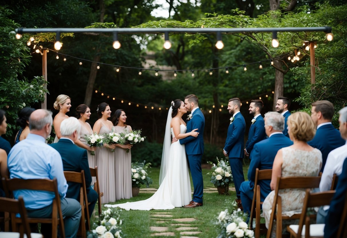 A small, intimate ceremony in a secluded garden with soft lighting and gentle music. The couple stands close, surrounded by close friends and family