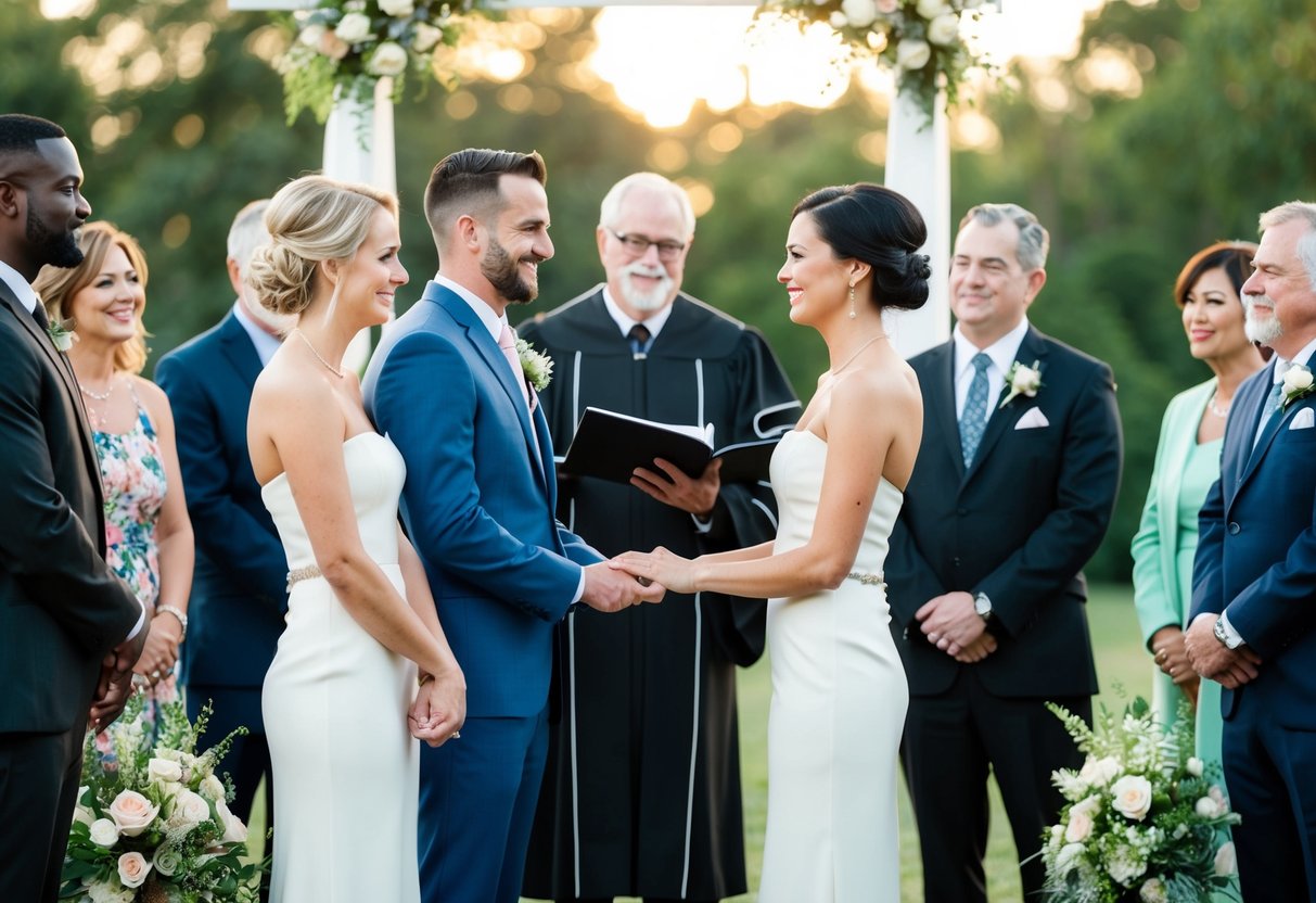 A couple standing before an officiant, exchanging vows with a diverse group of onlookers