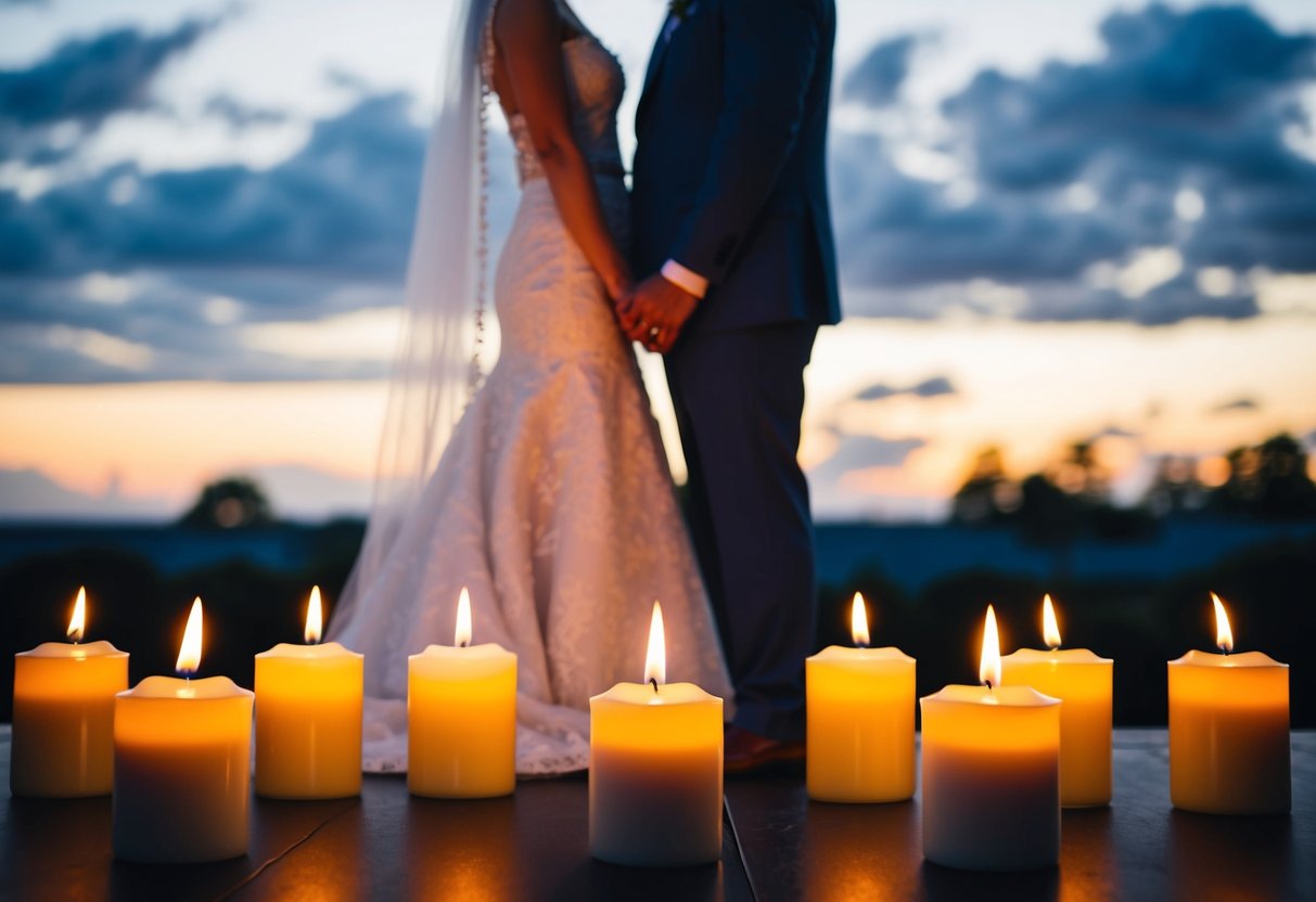 A bride and groom stand facing each other, surrounded by seven lit candles, each representing one of the traditional wedding vows