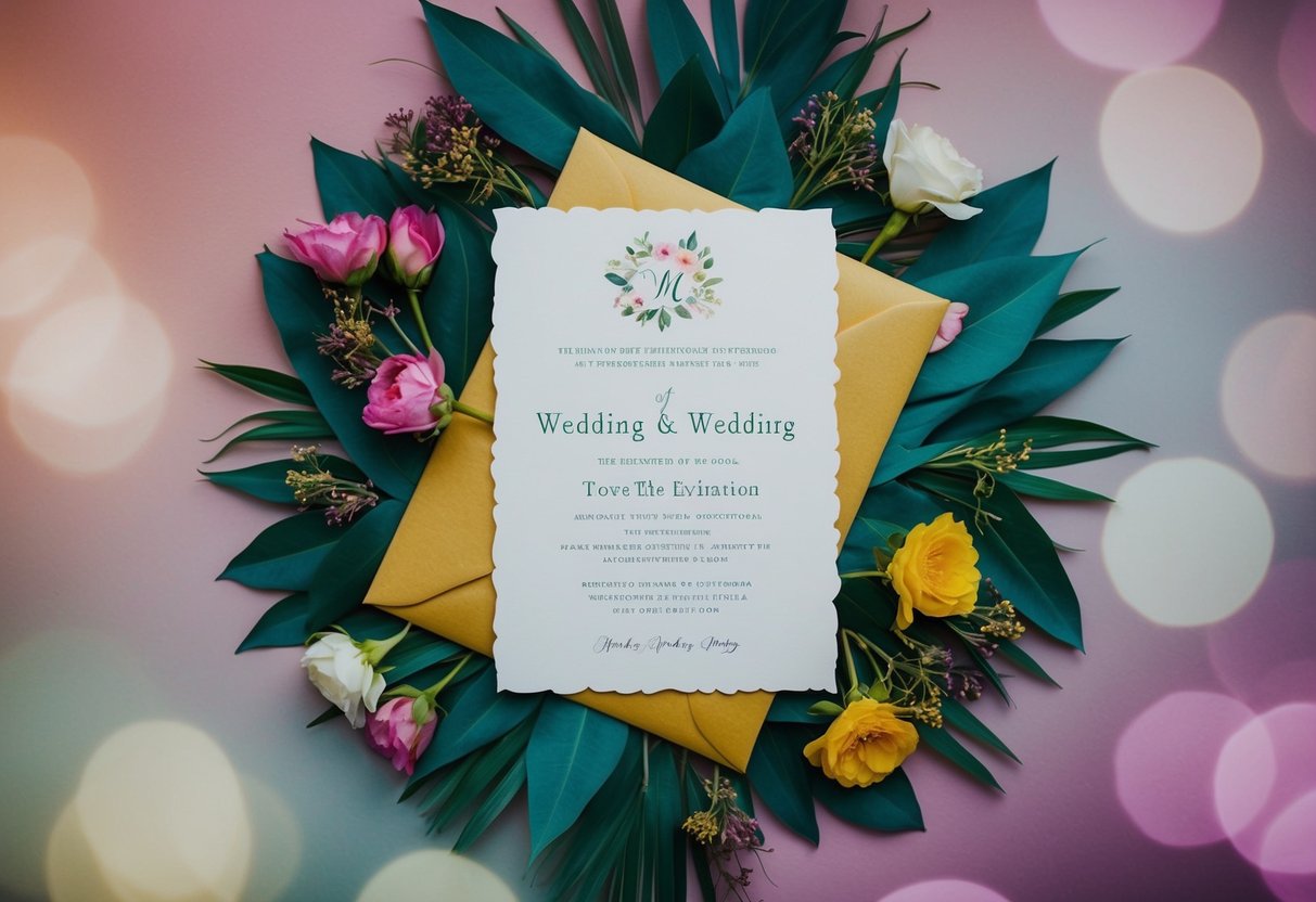 A wedding invitation surrounded by a mix of vibrant and muted colors, with a sense of hesitation and uncertainty in the air
