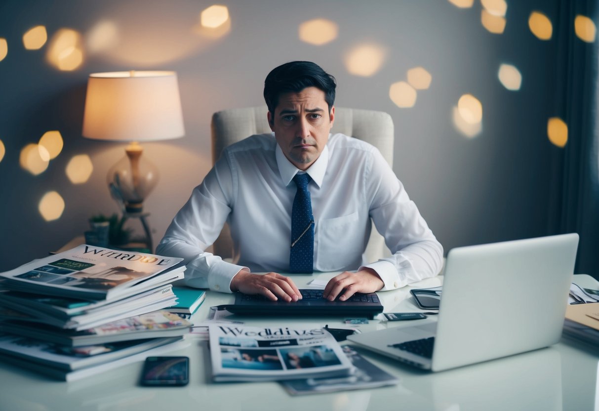 A solitary figure sits at a cluttered desk, surrounded by wedding magazines and a laptop. A look of frustration and reluctance is evident as they begrudgingly plan a wedding