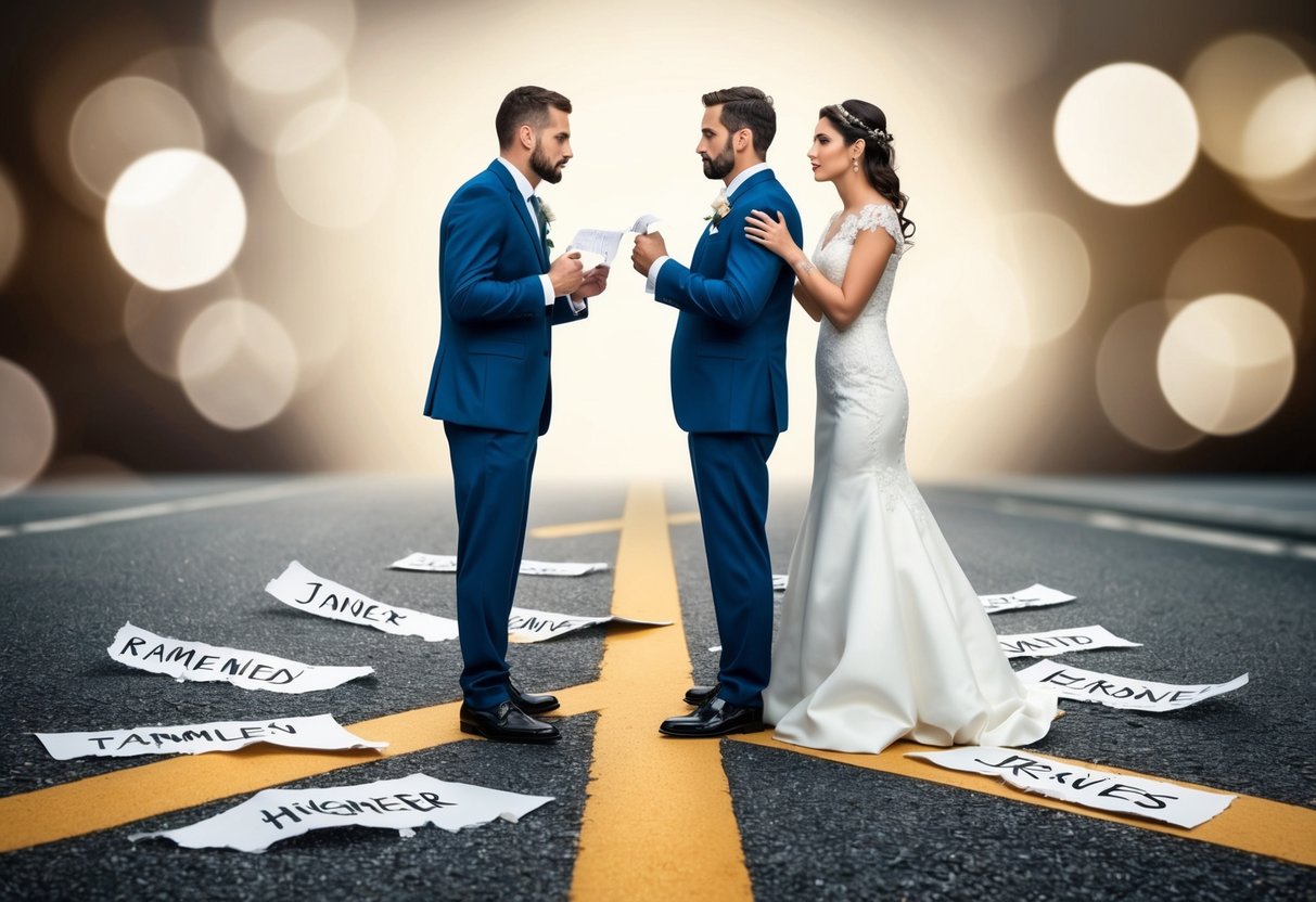 A bride and groom stand at a crossroads, torn between inviting estranged family members to their wedding. The couple looks conflicted, surrounded by torn pieces of paper with names written on them