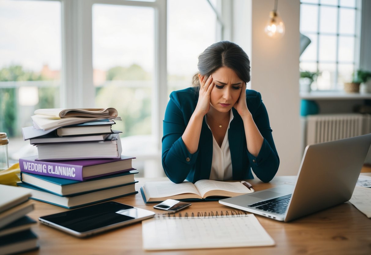 A cluttered desk with wedding planning books, a laptop, and a calendar. A person looks stressed and overwhelmed