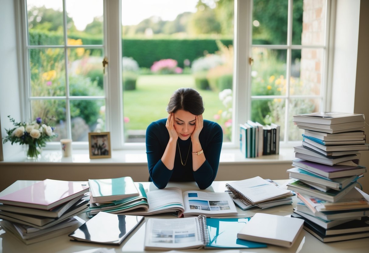 A person sits at a desk surrounded by wedding planning books and magazines, looking stressed and overwhelmed. Outside the window, a peaceful garden provides a contrast to the chaos inside