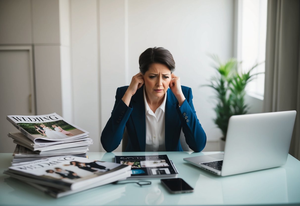 A lone figure sits at a cluttered desk, surrounded by wedding magazines and a laptop. The expression on their face is one of frustration and reluctance