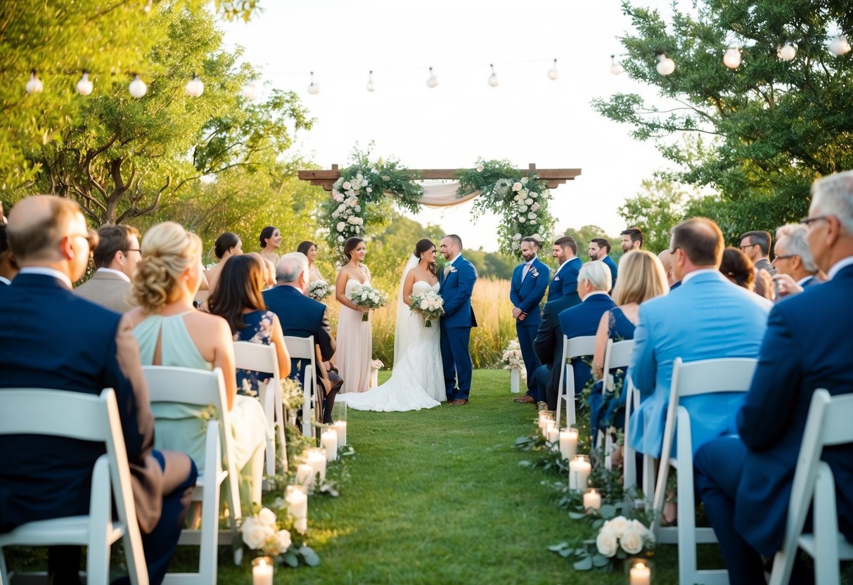 A serene outdoor wedding ceremony with guests enjoying the unplugged atmosphere, surrounded by nature and beautiful decor