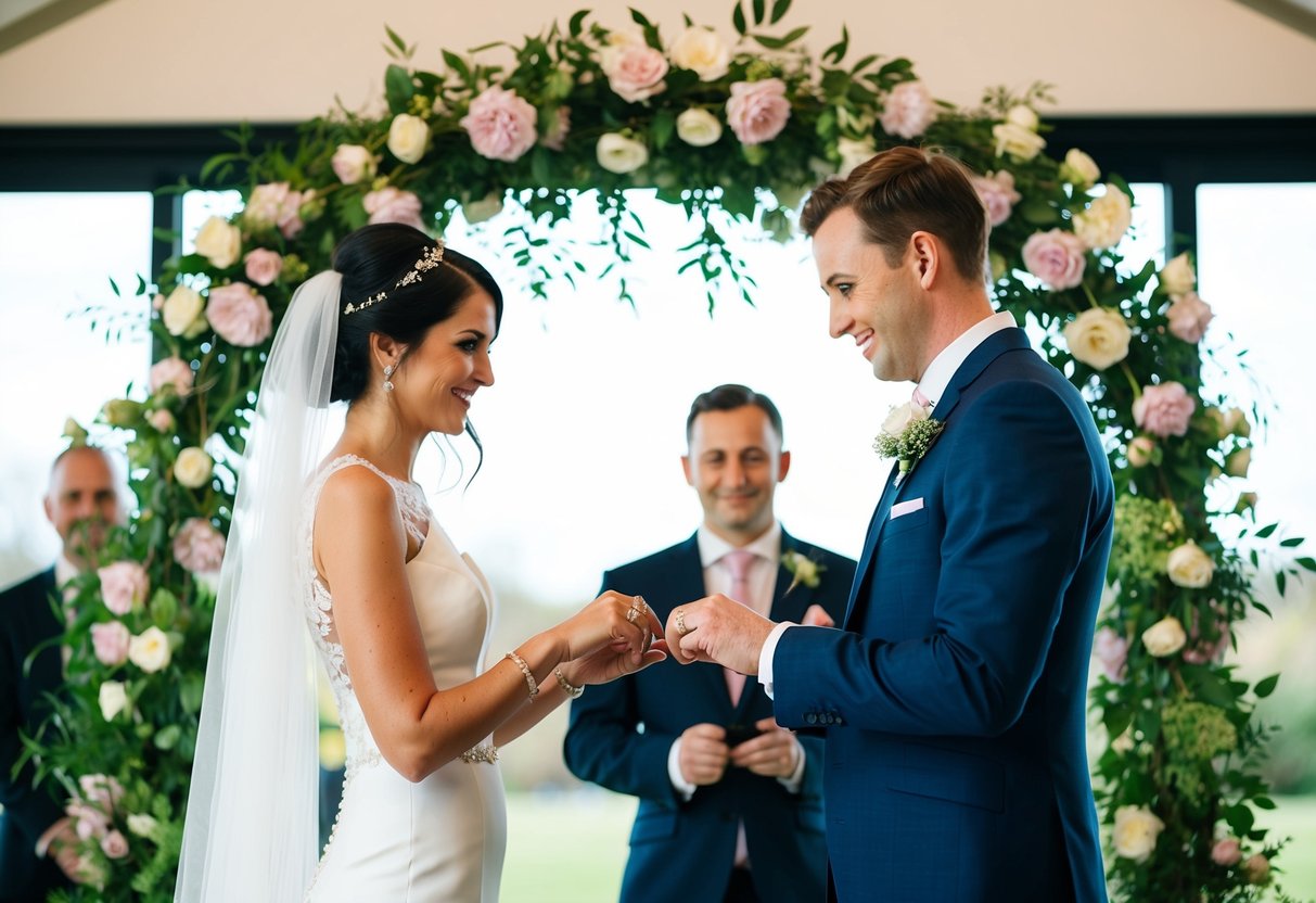 A bride and groom exchanging rings under a floral arch at a modern UK wedding