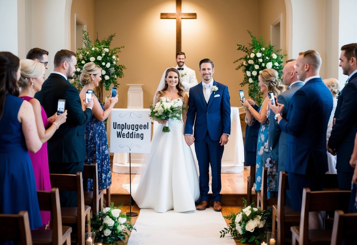 A bride and groom stand at the altar, surrounded by guests holding their phones, while a sign nearby reads "Unplugged Wedding."