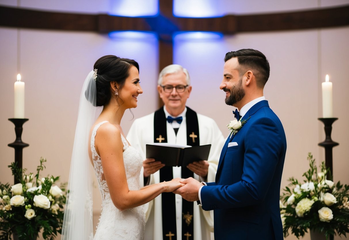 A couple standing at the altar, facing each other, exchanging vows with a celebrant officiating the ceremony