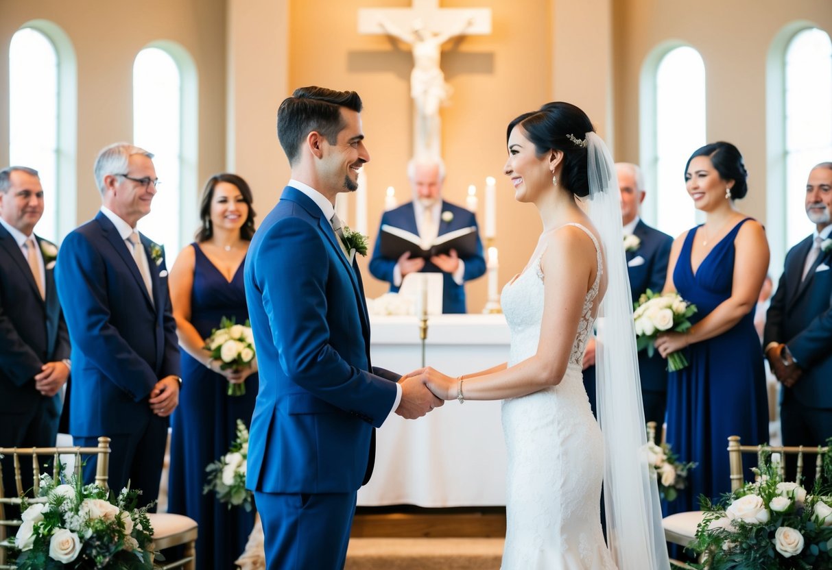A couple standing at the altar, facing each other, exchanging vows in front of their family and friends