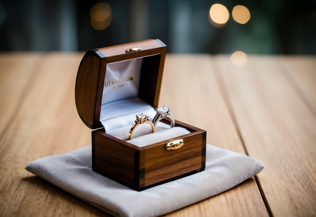 A handcrafted wooden box opens, revealing two gleaming wedding rings nestled on a bed of soft velvet