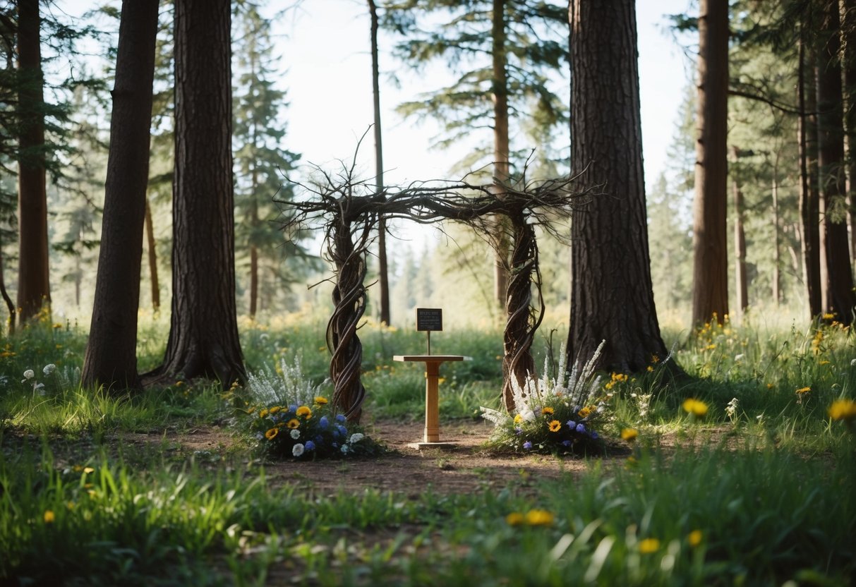 A secluded forest clearing with a simple altar made of intertwined branches and wildflowers, surrounded by tall trees and dappled sunlight