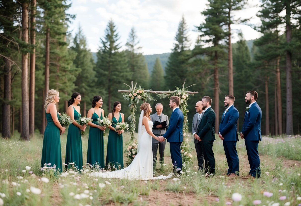 A serene forest clearing with a simple altar made of wildflowers and a few close friends gathered to witness a couple's elopement