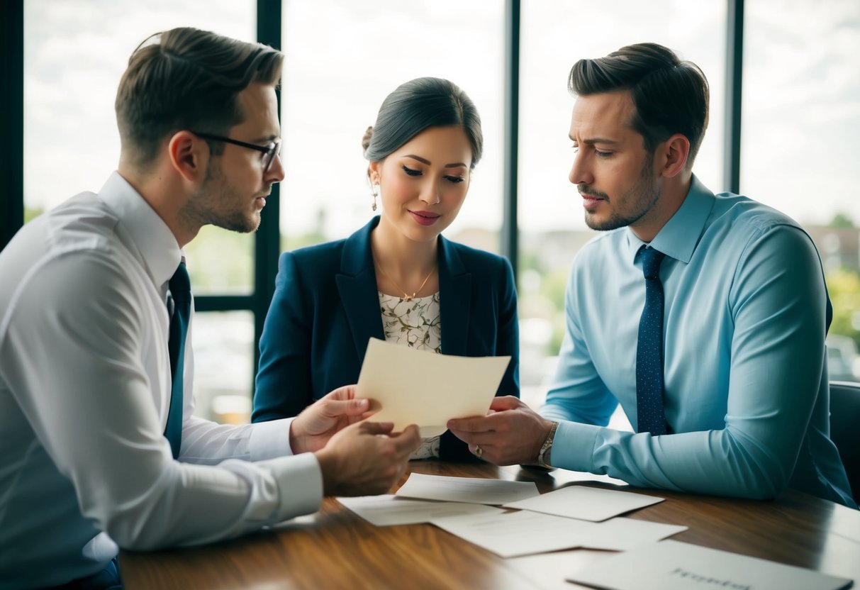 A couple discussing wedding invitations, with one person politely explaining to the other how they plan to not invite certain family members