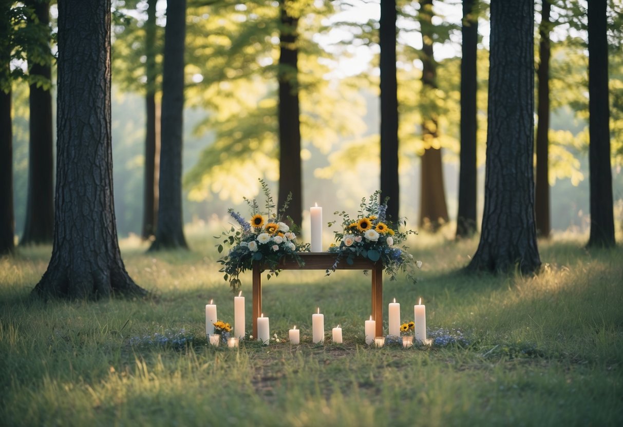 A serene forest clearing with a simple altar of wildflowers and candles, surrounded by tall trees and a soft, golden light filtering through the leaves