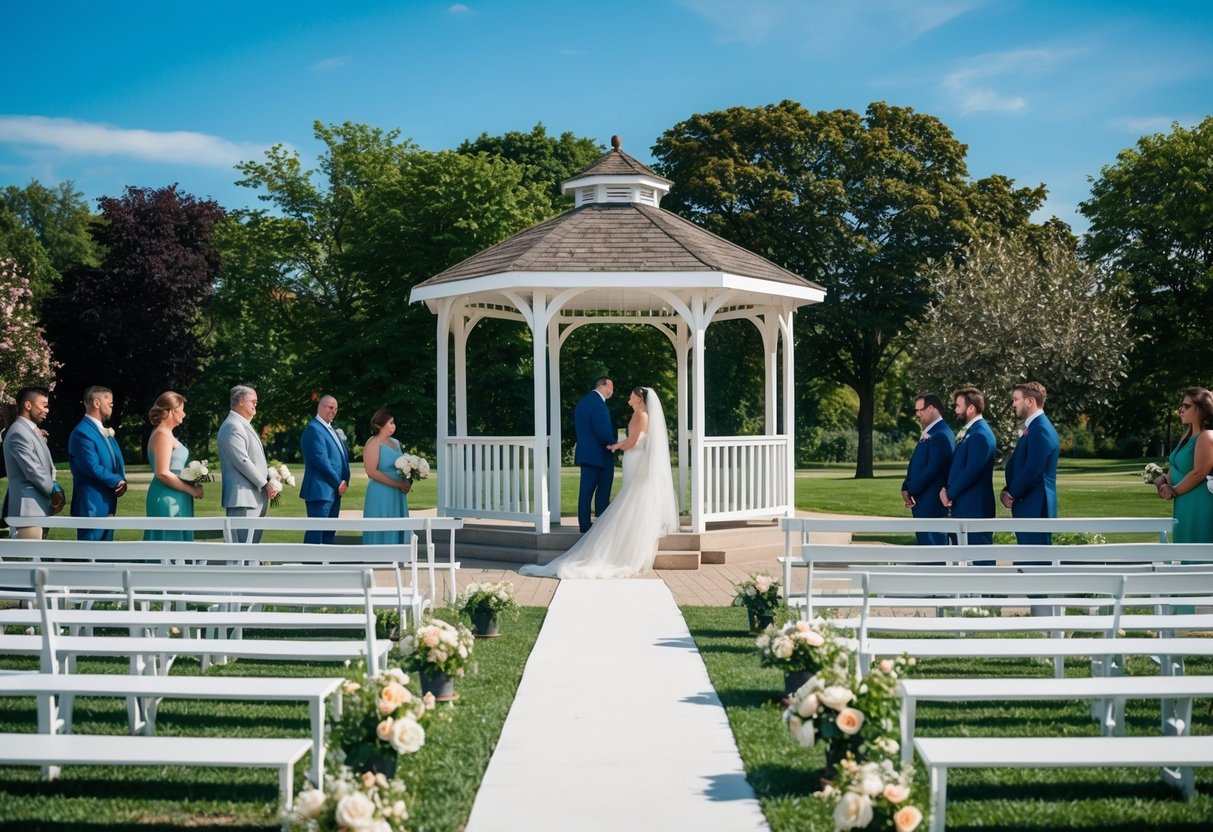 A simple outdoor wedding ceremony at a public park with a gazebo and blooming flowers, surrounded by nature and a clear blue sky