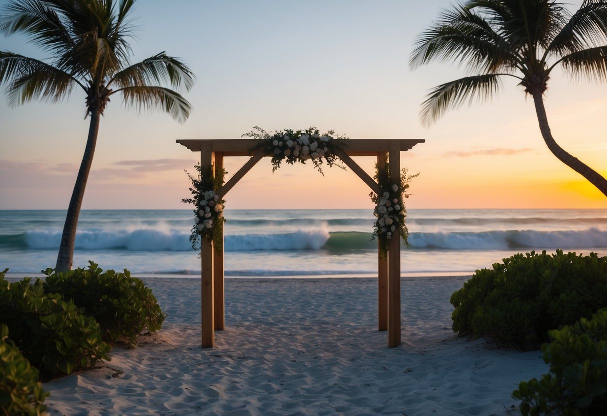 A serene beach at sunset with a simple wooden arch adorned with flowers, surrounded by palm trees and the sound of crashing waves
