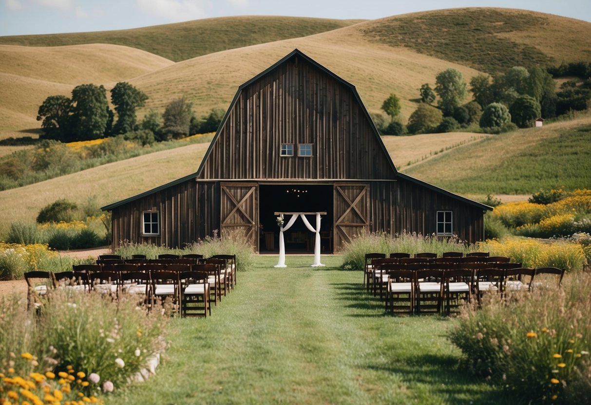A rustic barn surrounded by rolling hills and wildflowers, with a simple wooden arch set up for a wedding ceremony