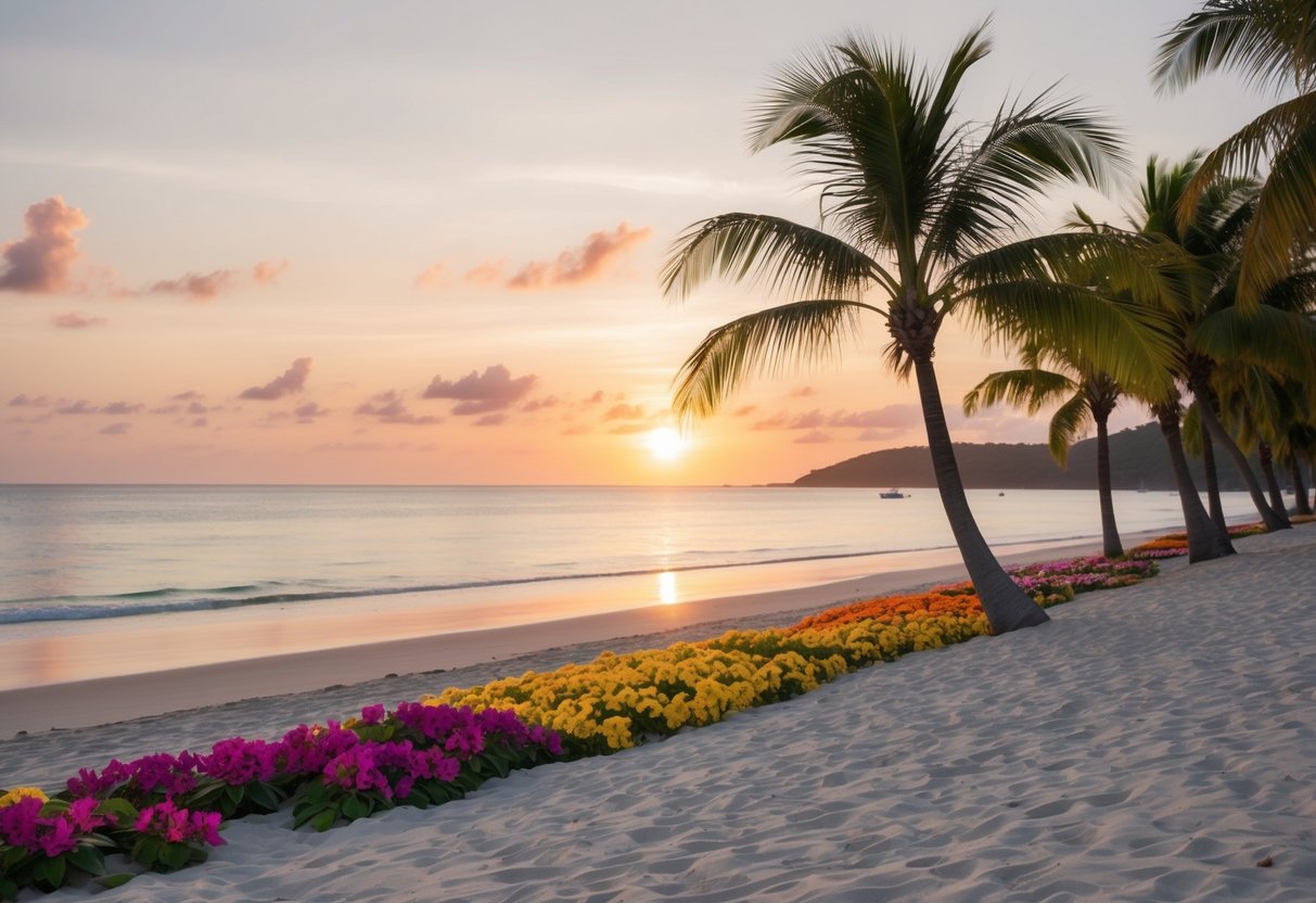 A serene beach at sunset, with palm trees swaying in the breeze and a vibrant display of colorful tropical flowers scattered across the sand