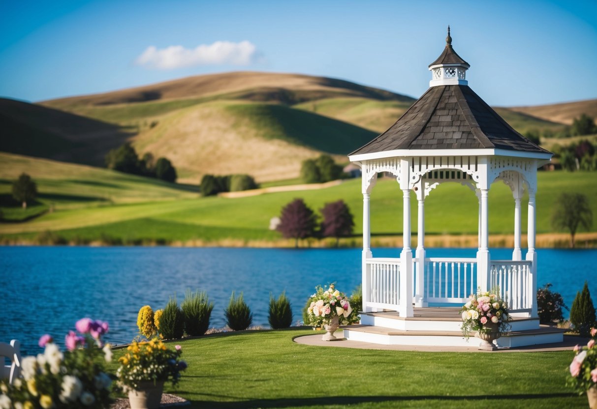 A picturesque outdoor venue with blooming flowers and a charming gazebo, surrounded by rolling hills and a sparkling lake