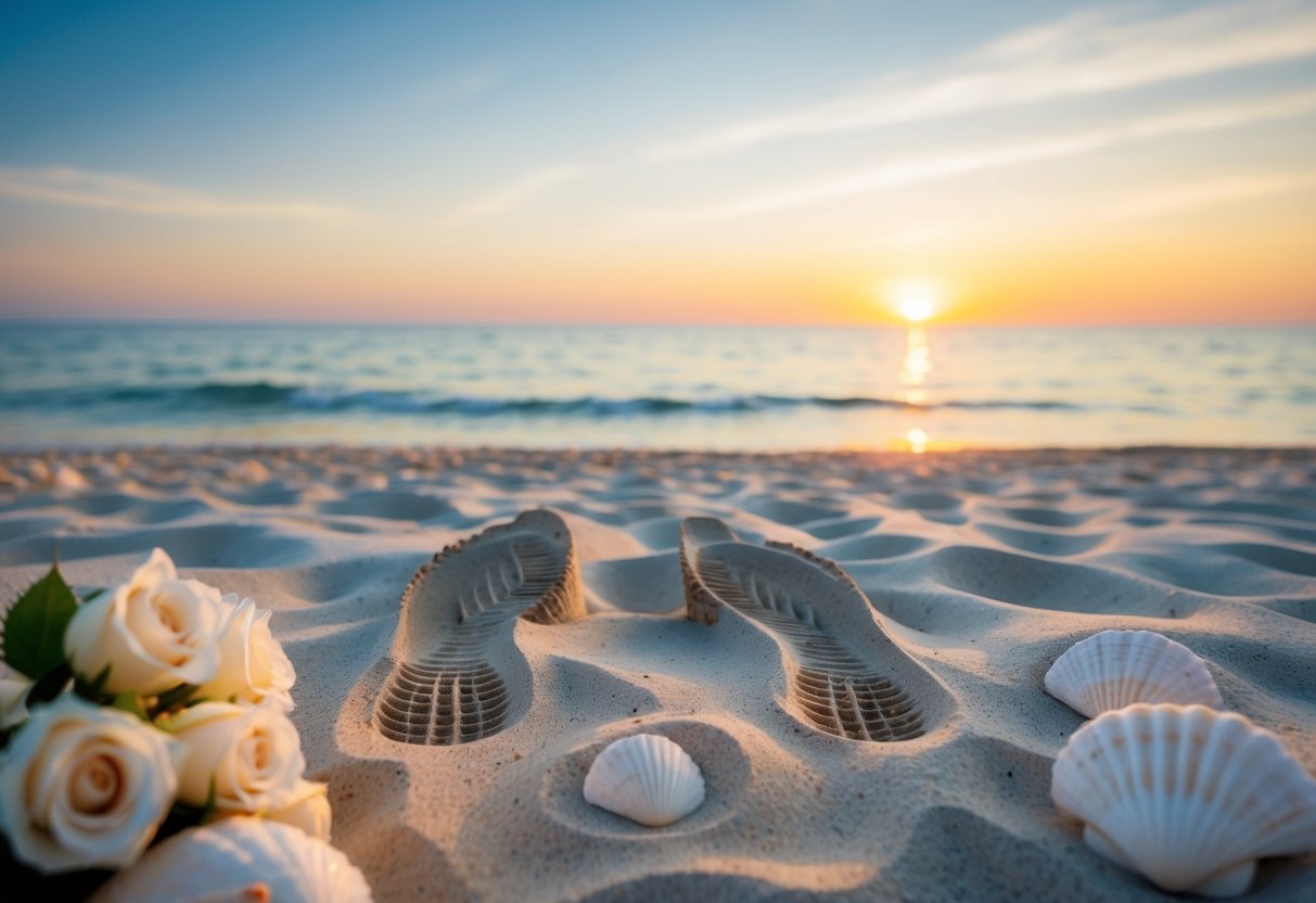 A serene beach at sunset, with two sets of footprints leading towards the ocean, surrounded by delicate seashells and a bouquet of white roses