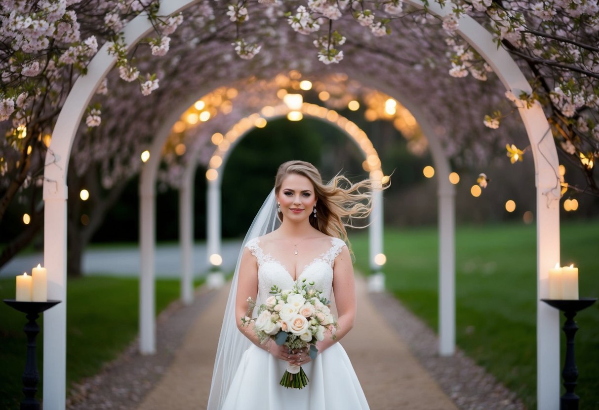 A bride standing under a blossoming archway, surrounded by soft candlelight, with a gentle breeze blowing through her hair